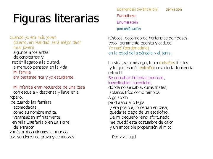 Figuras literarias Epanortosis (rectificación) derivación Paralelismo Enumeración personificación Cuando yo era más joven (bueno,