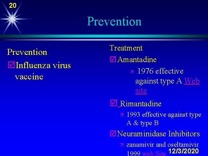 20 Prevention þInfluenza virus vaccine Treatment þ Amantadine ä 1976 effective against type A