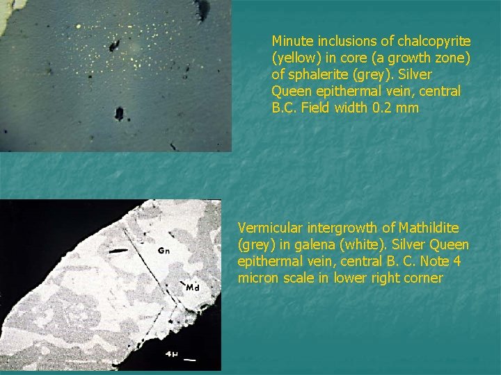 Minute inclusions of chalcopyrite (yellow) in core (a growth zone) of sphalerite (grey). Silver