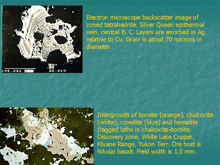 Electron microscope backscatter image of zoned tetrahedrite. Silver Queen epithermal vein, central B. C.