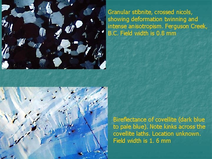 Granular stibnite, crossed nicols, showing deformation twinning and intense anisotropism. Ferguson Creek, B. C.