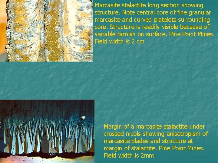 Marcasite stalactite long section showing structure. Note central core of fine granular marcasite and