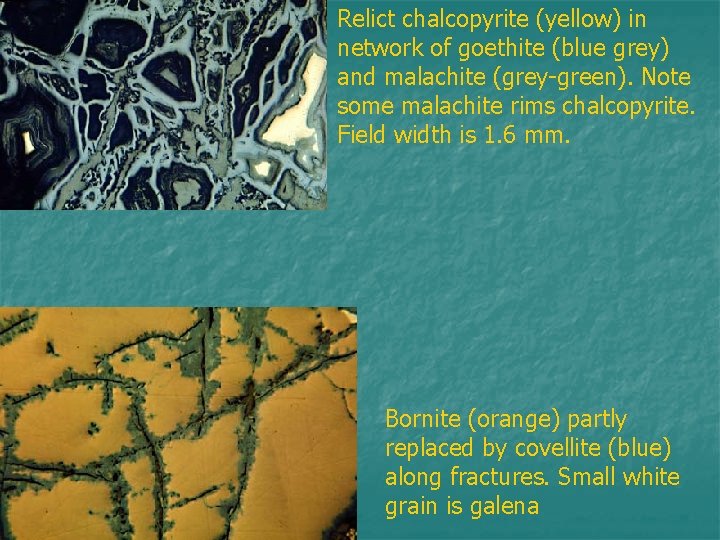 Relict chalcopyrite (yellow) in network of goethite (blue grey) and malachite (grey-green). Note some
