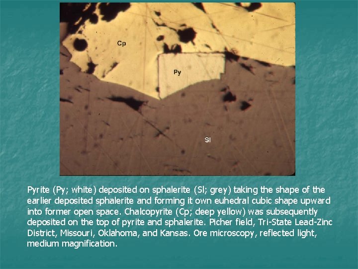 Pyrite (Py; white) deposited on sphalerite (Sl; grey) taking the shape of the earlier