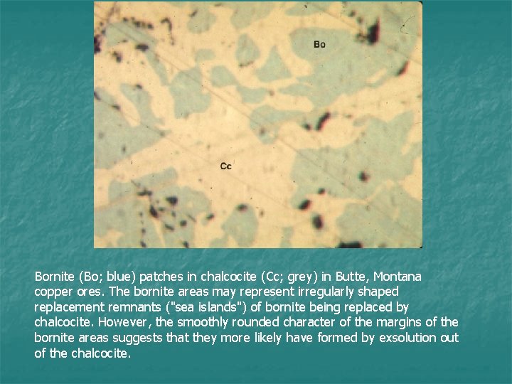 Bornite (Bo; blue) patches in chalcocite (Cc; grey) in Butte, Montana copper ores. The