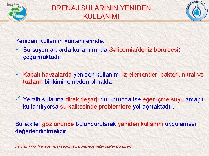 DRENAJ SULARININ YENİDEN KULLANIMI Yeniden Kullanım yöntemlerinde; ü Bu suyun art arda kullanımında Salicornia(deniz