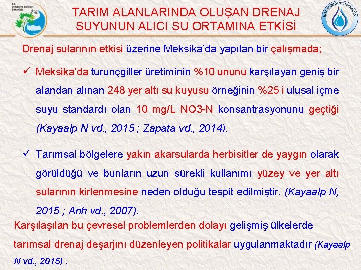 TARIM ALANLARINDA OLUŞAN DRENAJ SUYUNUN ALICI SU ORTAMINA ETKİSİ Drenaj sularının etkisi üzerine Meksika’da