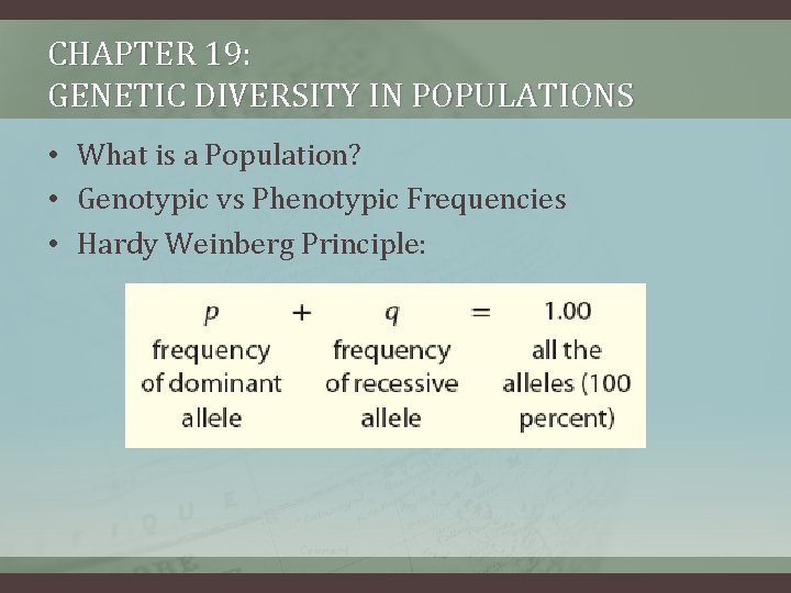 CHAPTER 19: GENETIC DIVERSITY IN POPULATIONS • What is a Population? • Genotypic vs