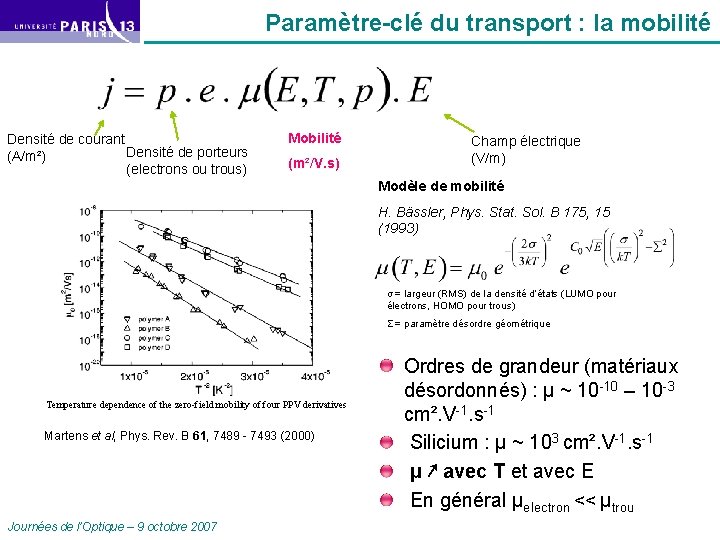 Paramètre-clé du transport : la mobilité Densité de courant Densité de porteurs (A/m²) (electrons