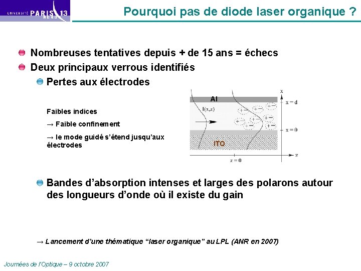 Pourquoi pas de diode laser organique ? Nombreuses tentatives depuis + de 15 ans