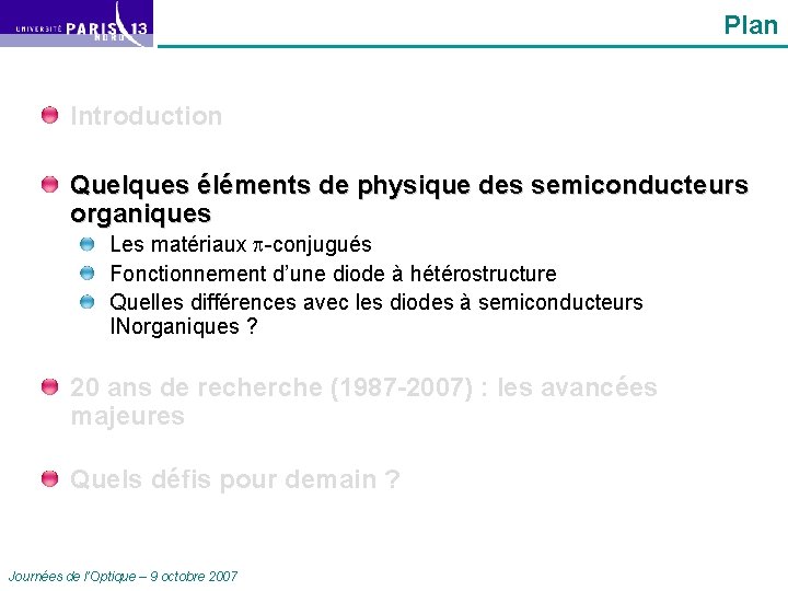 Plan Introduction Quelques éléments de physique des semiconducteurs organiques Les matériaux -conjugués Fonctionnement d’une