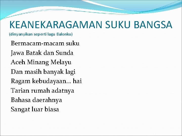 KEANEKARAGAMAN SUKU BANGSA (dinyanyikan seperti lagu Balonku) Bermacam-macam suku Jawa Batak dan Sunda Aceh