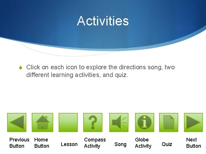 Activities S Click on each icon to explore the directions song, two different learning