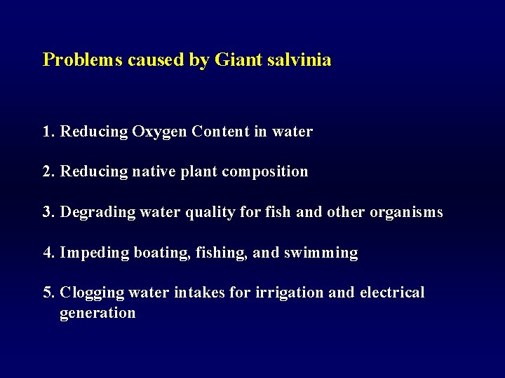 Problems caused by Giant salvinia 1. Reducing Oxygen Content in water 2. Reducing native