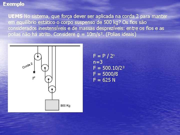 Exemplo UEMS No sistema, que força dever ser aplicada na corda 2 para manter