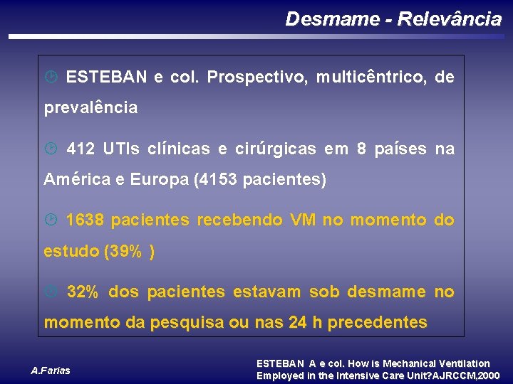 Desmame - Relevância ¸ ESTEBAN e col. Prospectivo, multicêntrico, de prevalência ¸ 412 UTIs