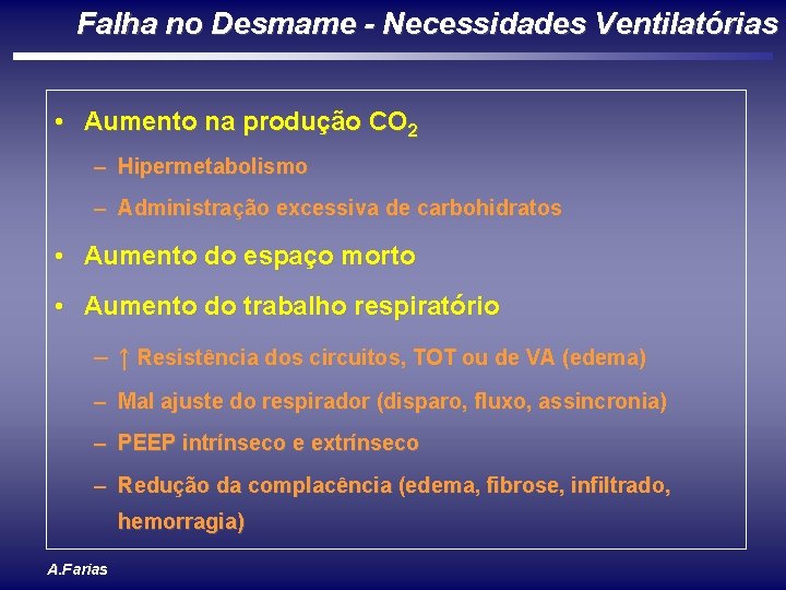 Falha no Desmame - Necessidades Ventilatórias • Aumento na produção CO 2 – Hipermetabolismo