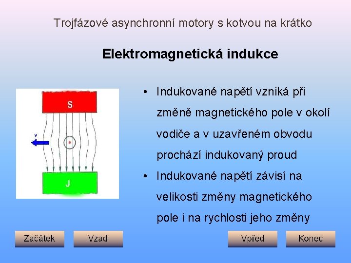 Trojfázové asynchronní motory s kotvou na krátko Elektromagnetická indukce • Indukované napětí vzniká při