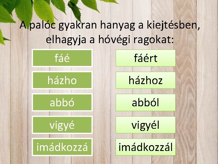 A palóc gyakran hanyag a kiejtésben, elhagyja a hóvégi ragokat: fáért házhoz abból vigyél