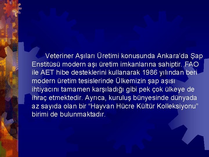  Veteriner Aşıları Üretimi konusunda Ankara’da Şap Enstitüsü modern aşı üretim imkanlarına sahiptir. FAO