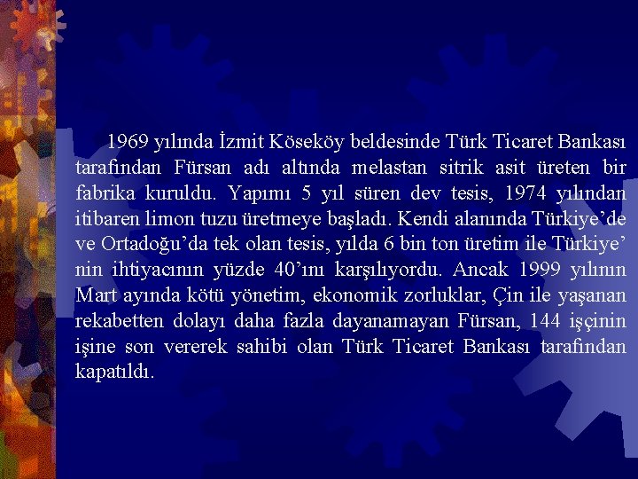 1969 yılında İzmit Köseköy beldesinde Türk Ticaret Bankası tarafından Fürsan adı altında melastan