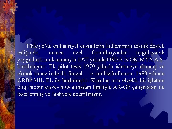 Türkiye’de endüstriyel enzimlerin kullanımını teknik destek eşliğinde, amaca özel formülasyonlar uygulayarak yaygınlaştırmak amacıyla 1977