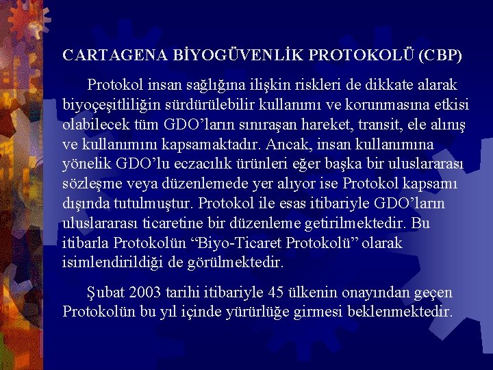 CARTAGENA BİYOGÜVENLİK PROTOKOLÜ (CBP) Protokol insan sağlığına ilişkin riskleri de dikkate alarak biyoçeşitliliğin sürdürülebilir