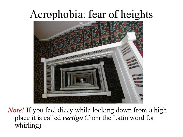 Acrophobia: fear of heights Note! If you feel dizzy while looking down from a