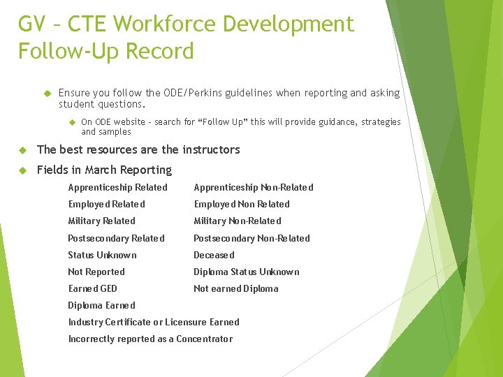 GV – CTE Workforce Development Follow-Up Record Ensure you follow the ODE/Perkins guidelines when
