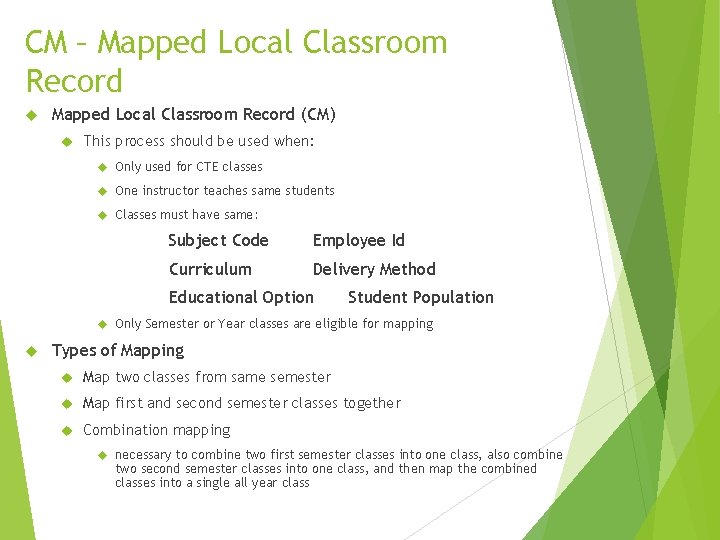 CM – Mapped Local Classroom Record (CM) This process should be used when: Only