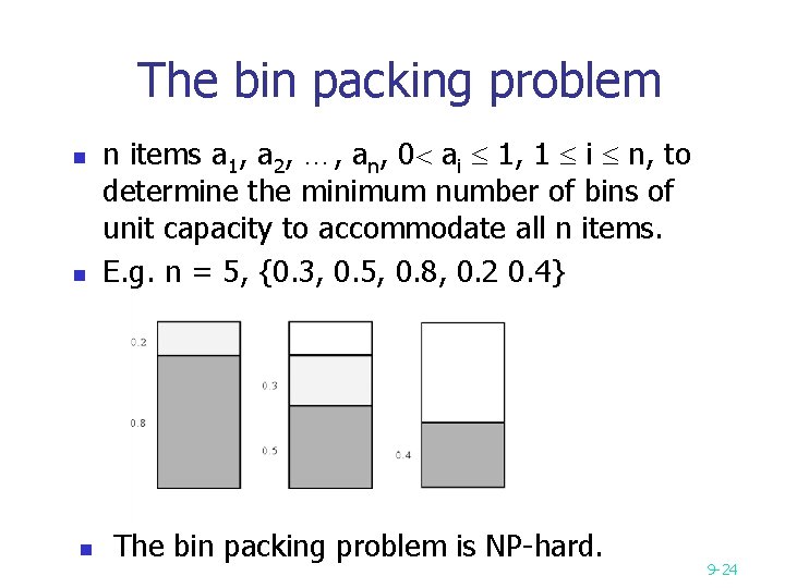 The bin packing problem n n items a 1, a 2, …, an, 0