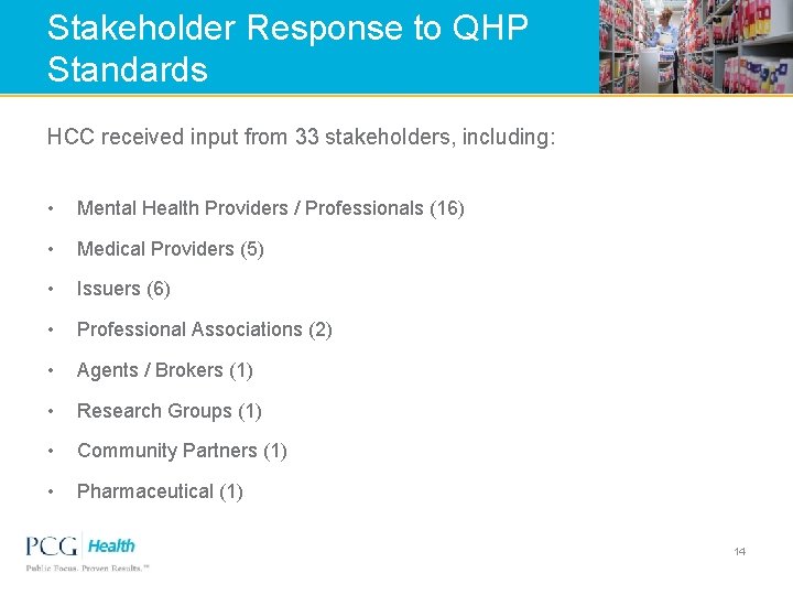 Stakeholder Response to QHP Standards HCC received input from 33 stakeholders, including: • Mental