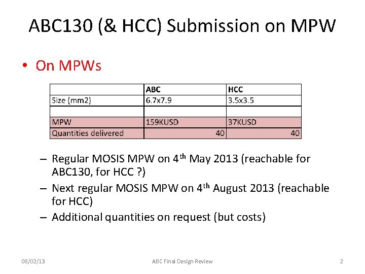 ABC 130 (& HCC) Submission on MPW • On MPWs – Regular MOSIS MPW