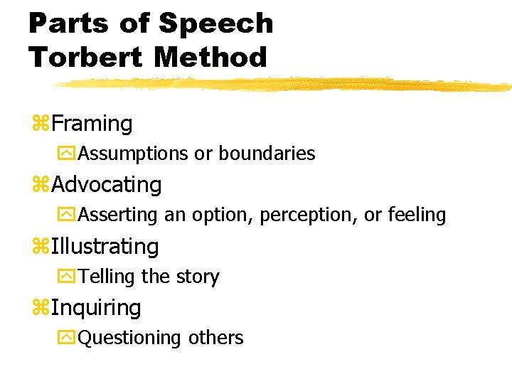 Parts of Speech Torbert Method z. Framing y. Assumptions or boundaries z. Advocating y.