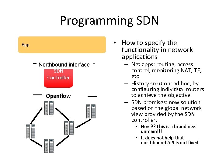 Programming SDN App Northbound interface SDN Controller Openflow • How to specify the functionality