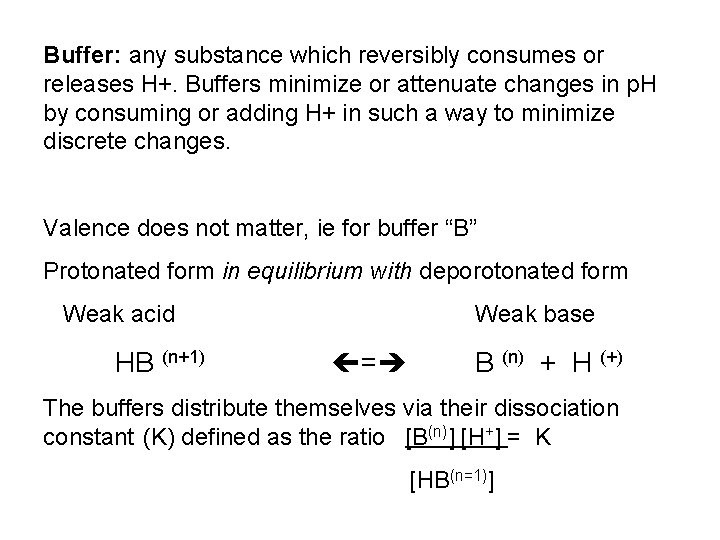 Buffer: any substance which reversibly consumes or releases H+. Buffers minimize or attenuate changes