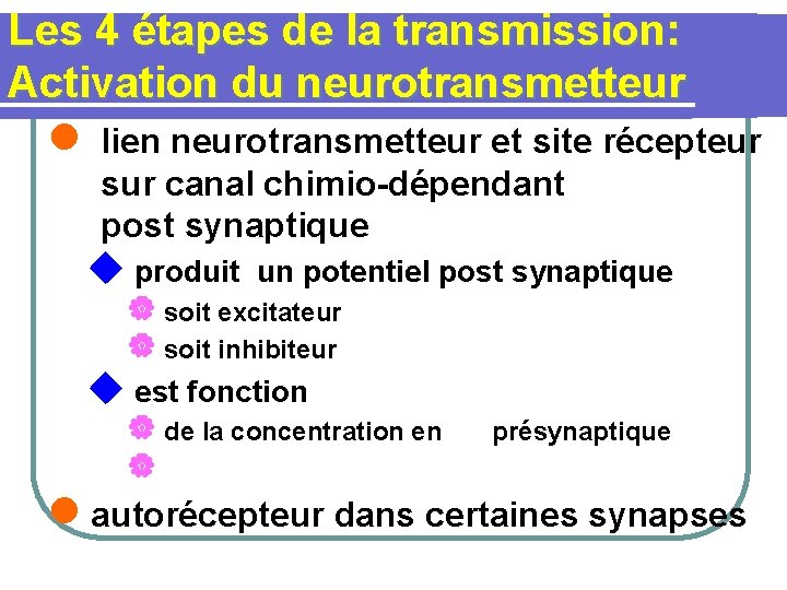 Les 4 étapes de la transmission: Activation du neurotransmetteur l lien neurotransmetteur et site