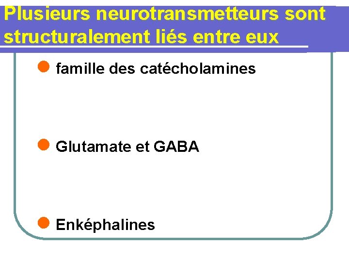 Plusieurs neurotransmetteurs sont structuralement liés entre eux l famille des catécholamines l Glutamate et