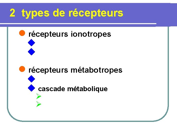 2 types de récepteurs l récepteurs ionotropes u u l récepteurs métabotropes u u