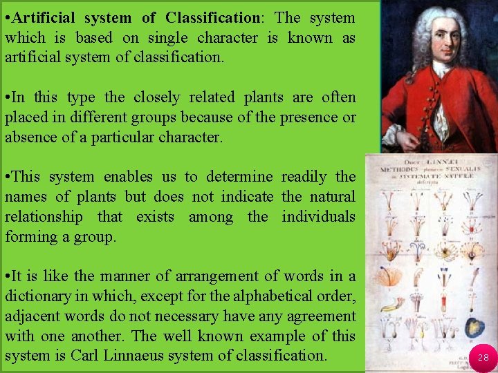  • Artificial system of Classification: The system which is based on single character