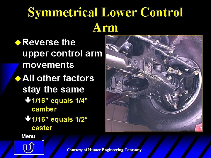Symmetrical Lower Control Arm u Reverse the upper control arm movements u All other
