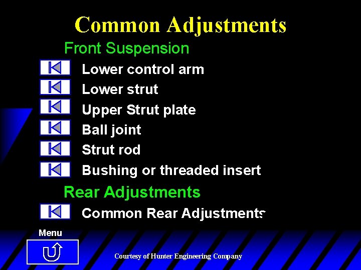 Common Adjustments Front Suspension Lower control arm Lower strut Upper Strut plate Ball joint