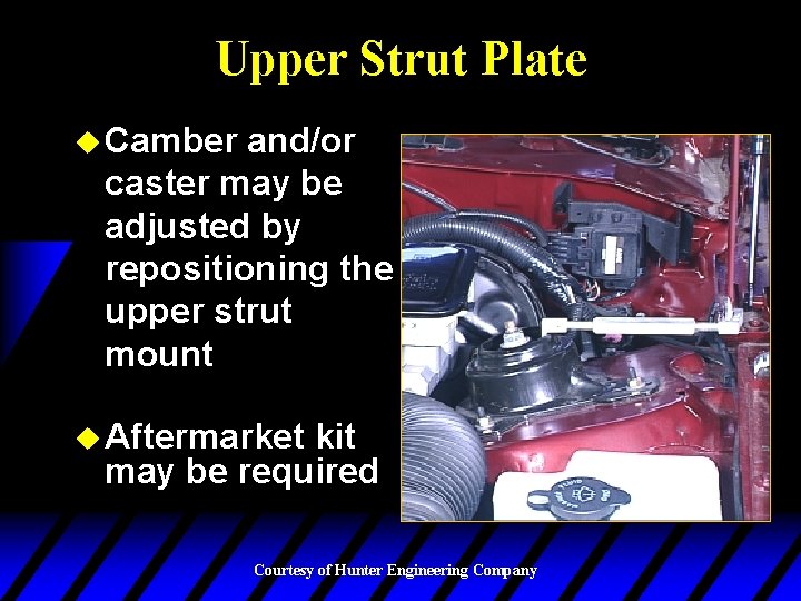 Upper Strut Plate u Camber and/or caster may be adjusted by repositioning the upper