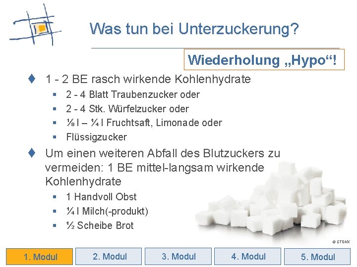 Was tun bei Unterzuckerung? Wiederholung „Hypo“! t 1 - 2 BE rasch wirkende Kohlenhydrate