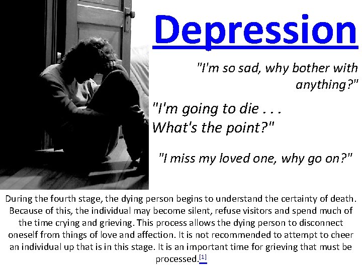 Depression "I'm so sad, why bother with anything? " "I'm going to die. .