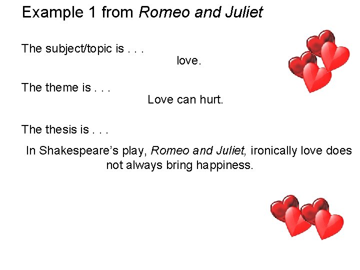Example 1 from Romeo and Juliet The subject/topic is. . . The theme is.