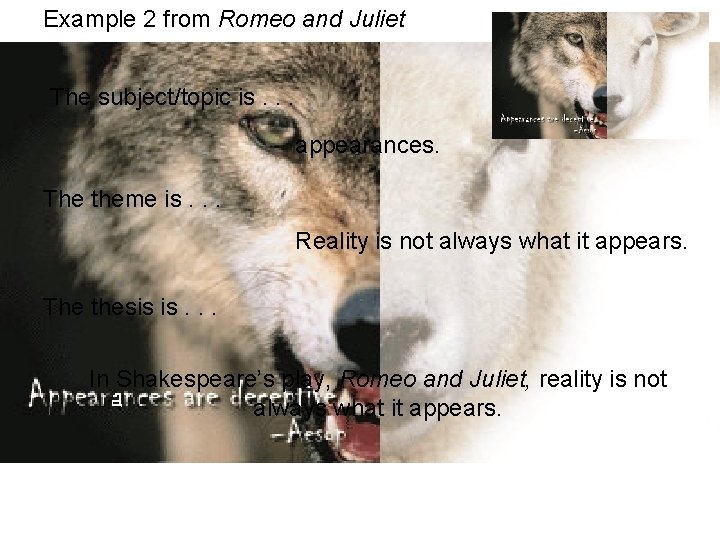 Example 2 from Romeo and Juliet The subject/topic is. . . appearances. The theme