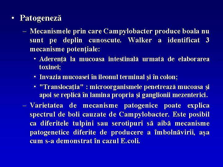  • Patogeneză – Mecanismele prin care Campylobacter produce boala nu sunt pe deplin