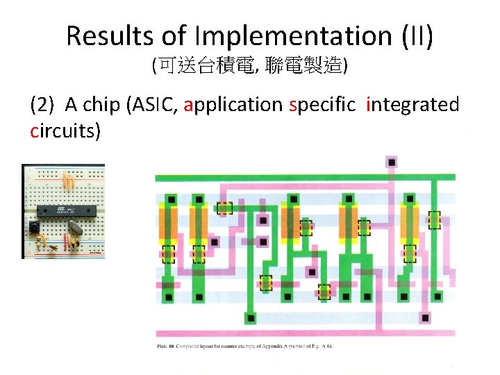 Results of Implementation (II) (可送台積電, 聯電製造) (2) A chip (ASIC, application specific integrated circuits)