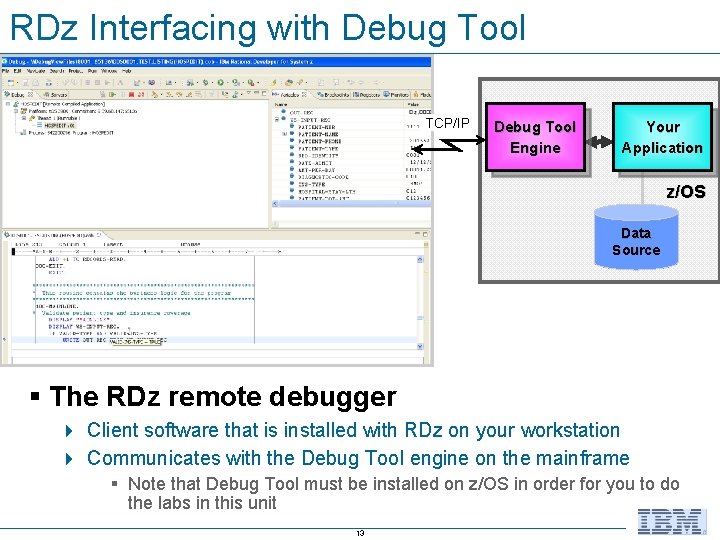 RDz Interfacing with Debug Tool TCP/IP Debug Tool Engine Your Application z/OS Data Source